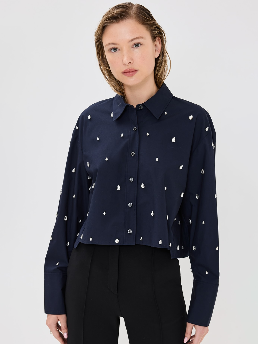 Mackie Embellished Cropped Shirt in Maritime Navy