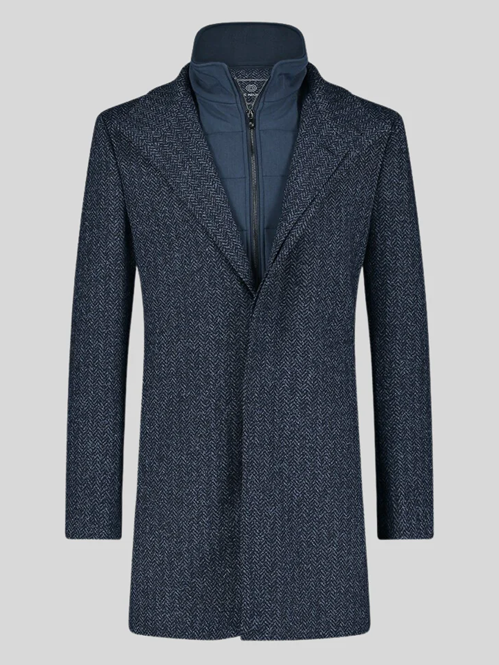 Herringbone Wool Top Collared Inlay Coat in Navy