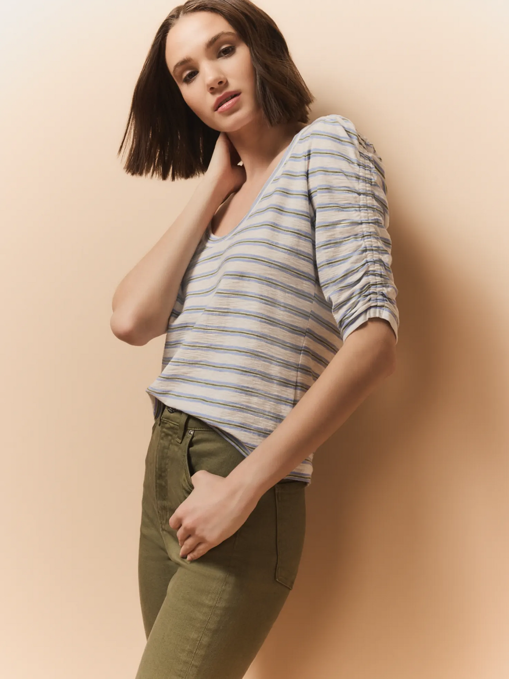 Netto Stripe Ruched-Sleeve Tee
