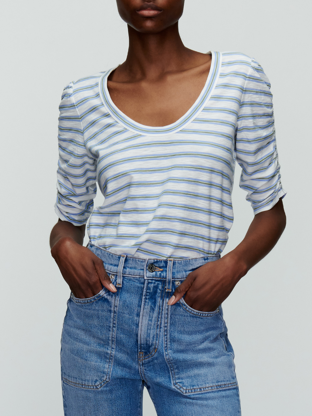 Netto Stripe Ruched-Sleeve Tee
