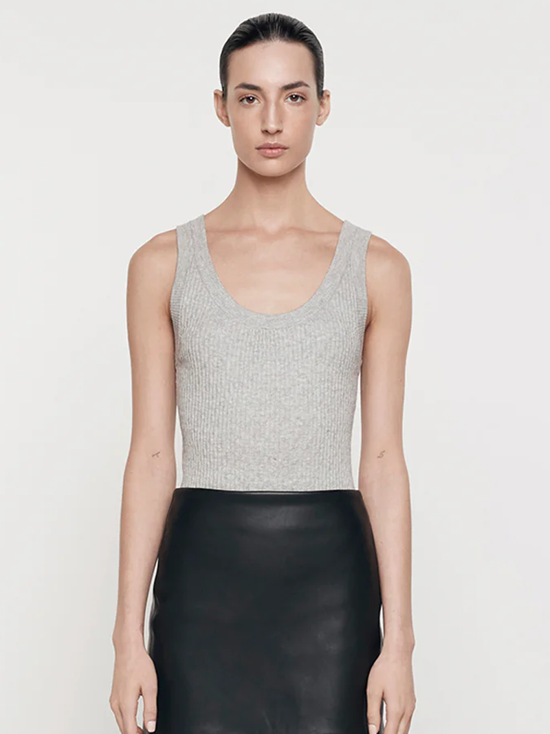 Cashmere Cotton Pointelle Tank in Light Heather Grey