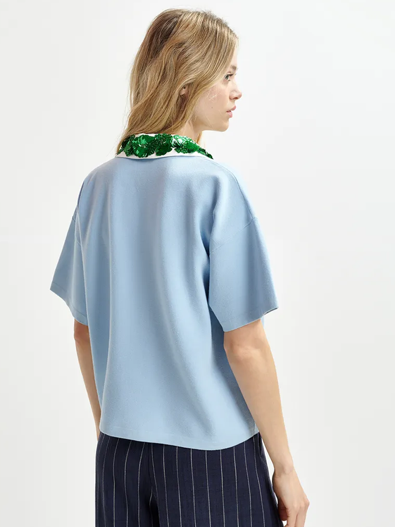 Hoiseau Embroidered Polo in Aqua Blue