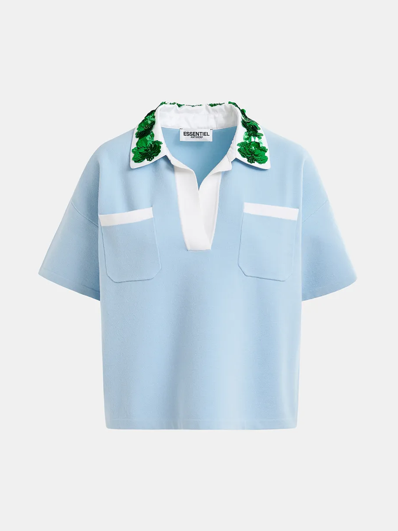 Hoiseau Embroidered Polo in Aqua Blue