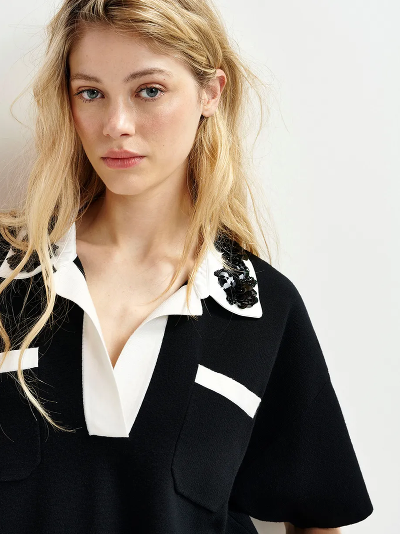 Hoiseau Embroidered Polo in Black