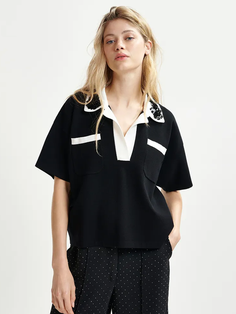 Hoiseau Embroidered Polo in Black