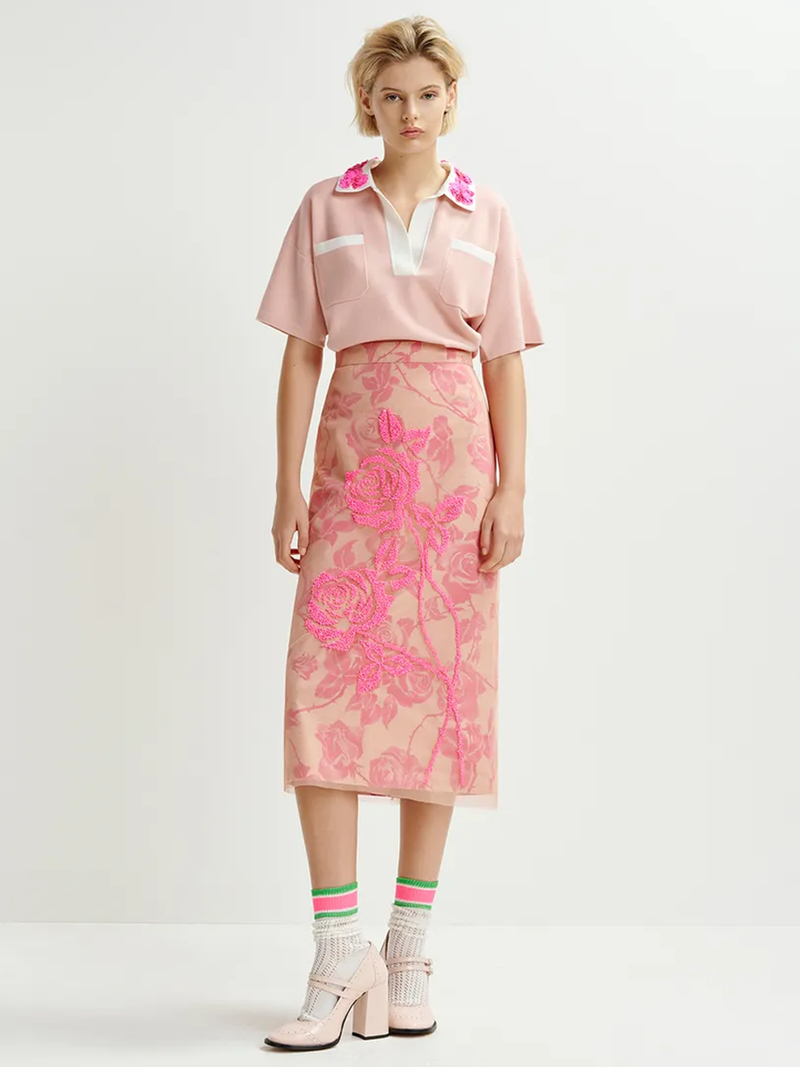 Hoiseau Embroidered Polo in Marzipan