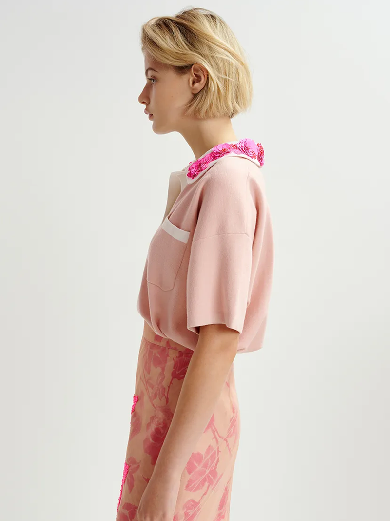 Hoiseau Embroidered Polo in Marzipan