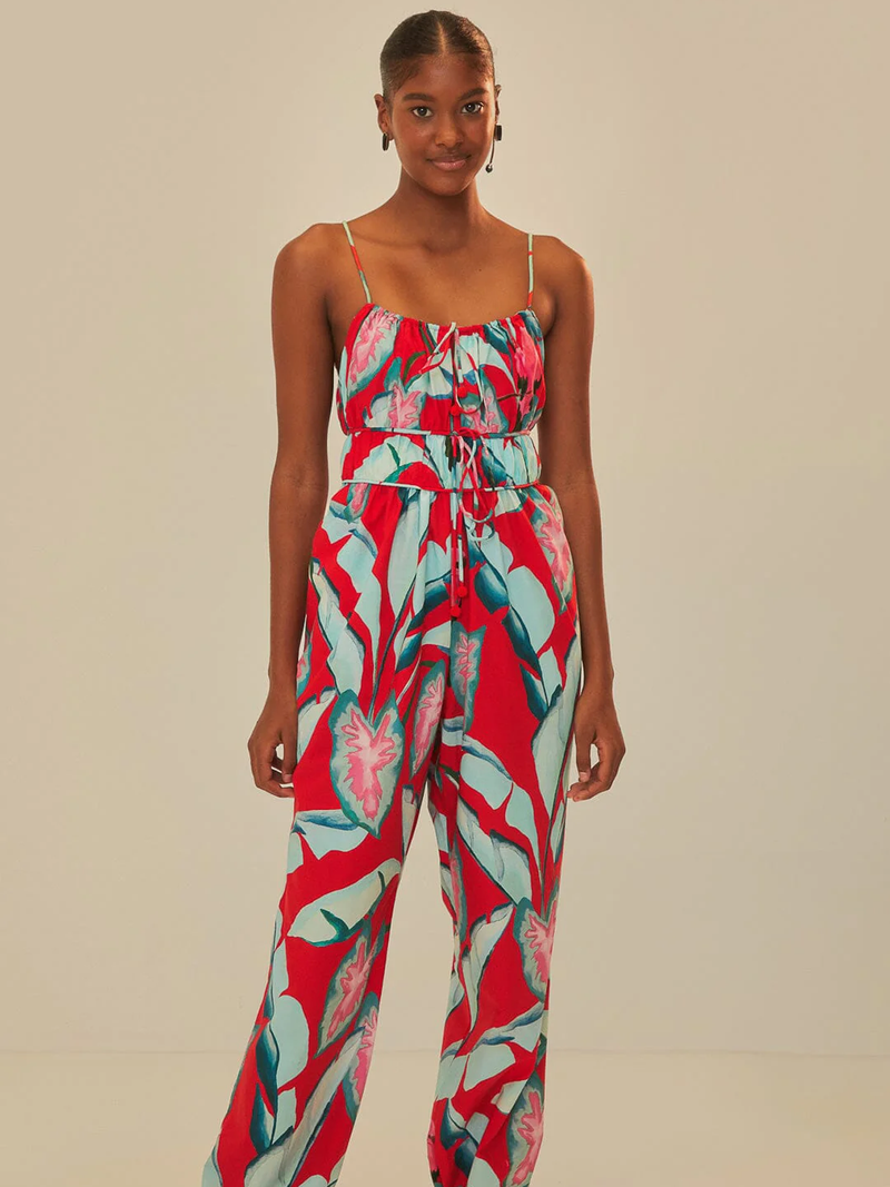 Red Summer Foliage Organic Cotton Jumpsuit