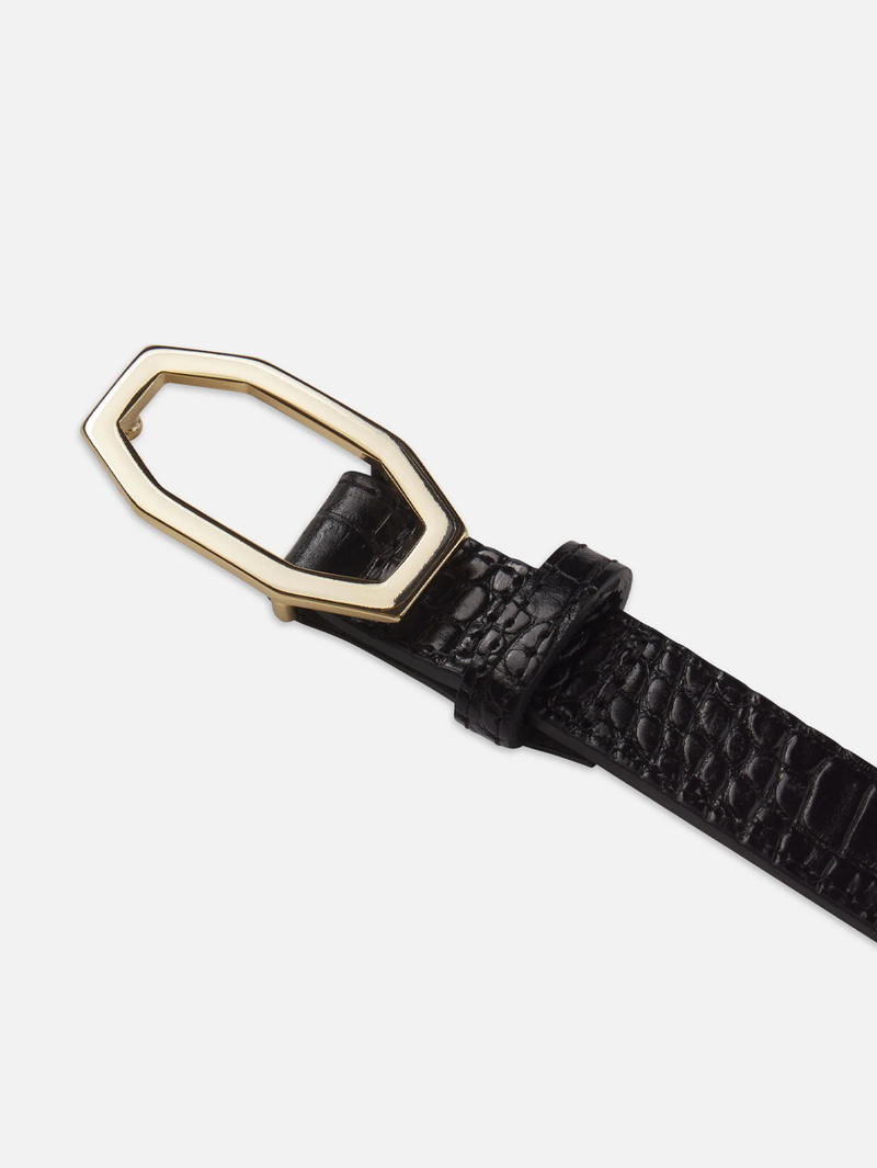 Angular Buckle Belt in Black Croc