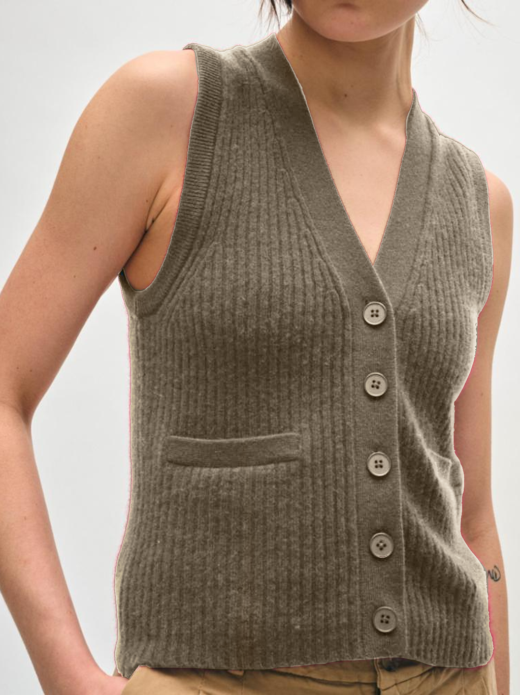 Cashmere Ribbed Button Vest in Loden
