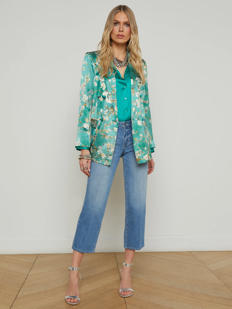 Taryn Silk Blazer in Teal Watercolor Cherry Blossom