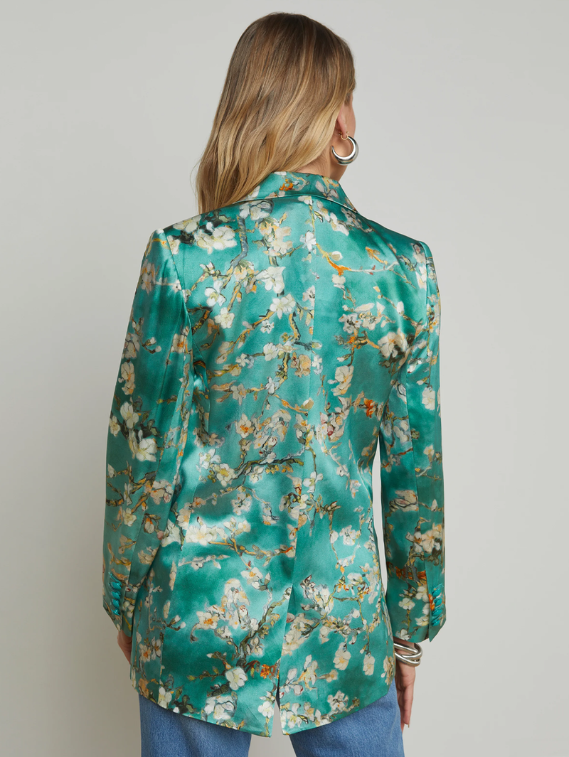 Taryn Silk Blazer in Teal Watercolor Cherry Blossom