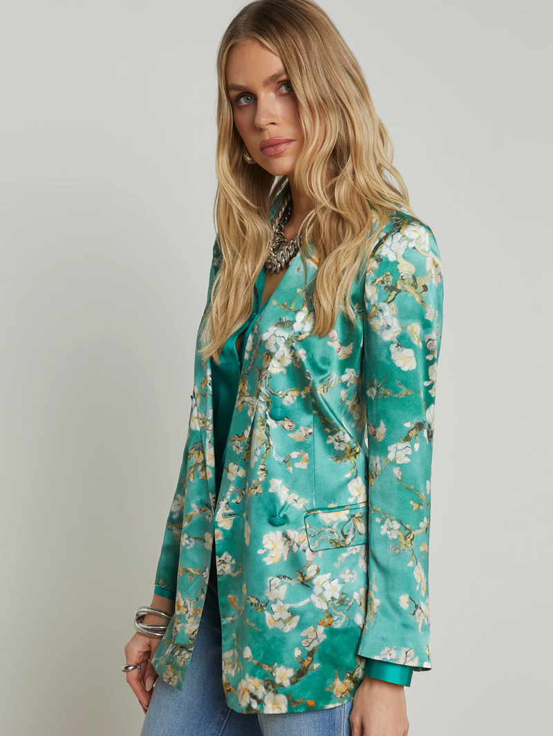 Taryn Silk Blazer in Teal Watercolor Cherry Blossom