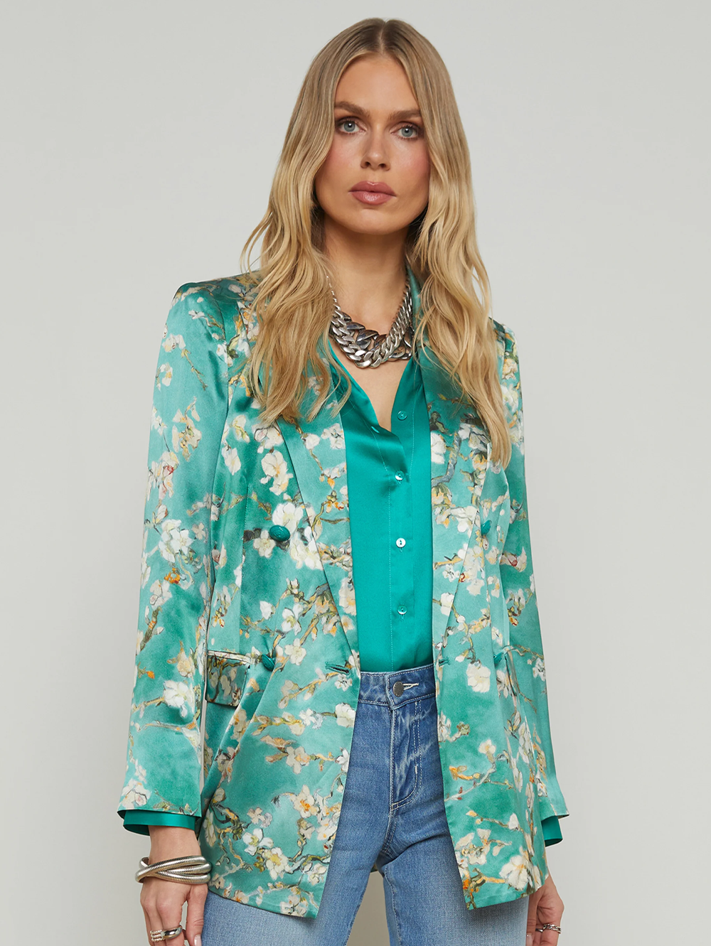 Taryn Silk Blazer in Teal Watercolor Cherry Blossom