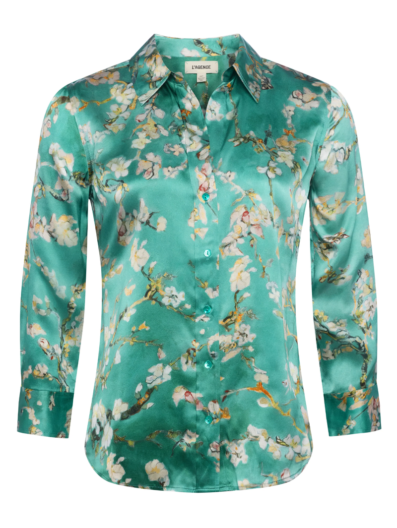 Dani Silk Blouse in Teal Watercolor Cherry Blossom