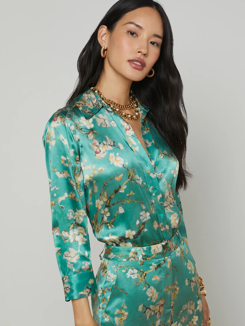 Dani Silk Blouse in Teal Watercolor Cherry Blossom