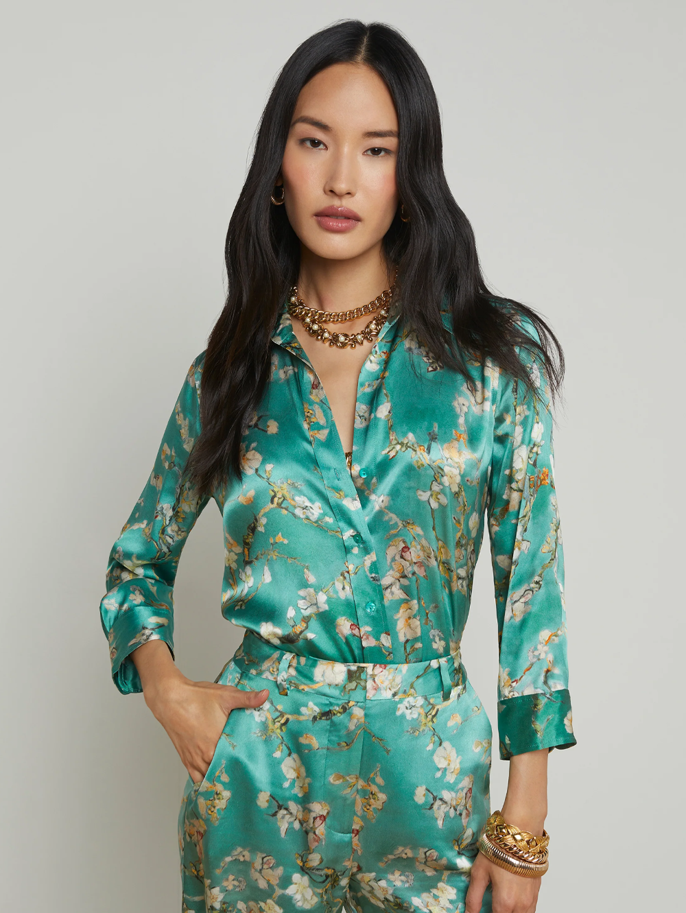 Dani Silk Blouse in Teal Watercolor Cherry Blossom