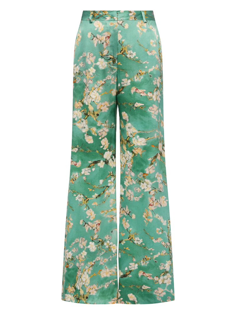 Pilar Silk Wide-Leg Pant in Teal Watercolor Cherry Blossom