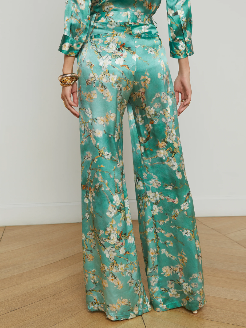 Pilar Silk Wide-Leg Pant in Teal Watercolor Cherry Blossom