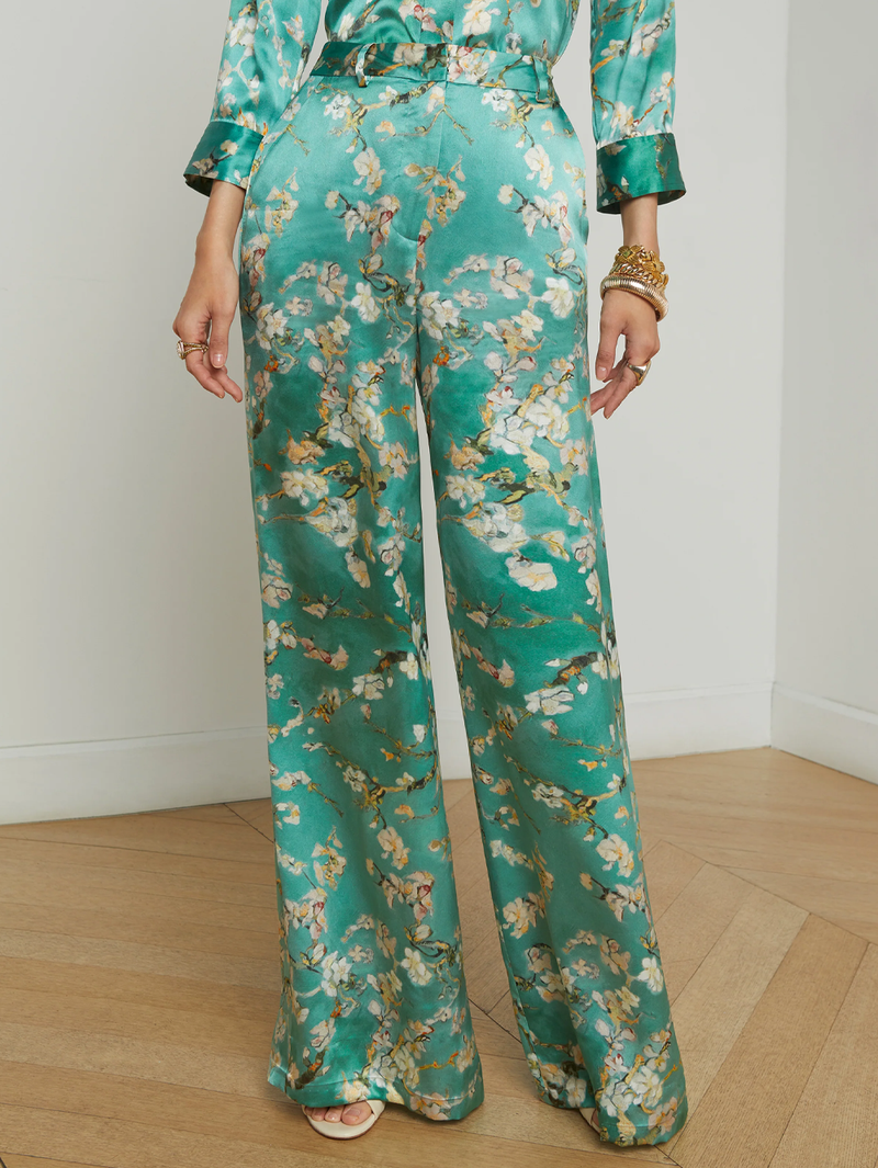 Pilar Silk Wide-Leg Pant in Teal Watercolor Cherry Blossom