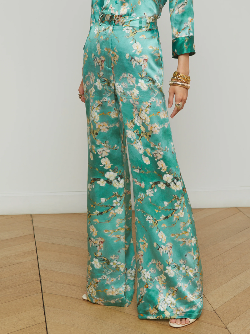 Pilar Silk Wide-Leg Pant in Teal Watercolor Cherry Blossom