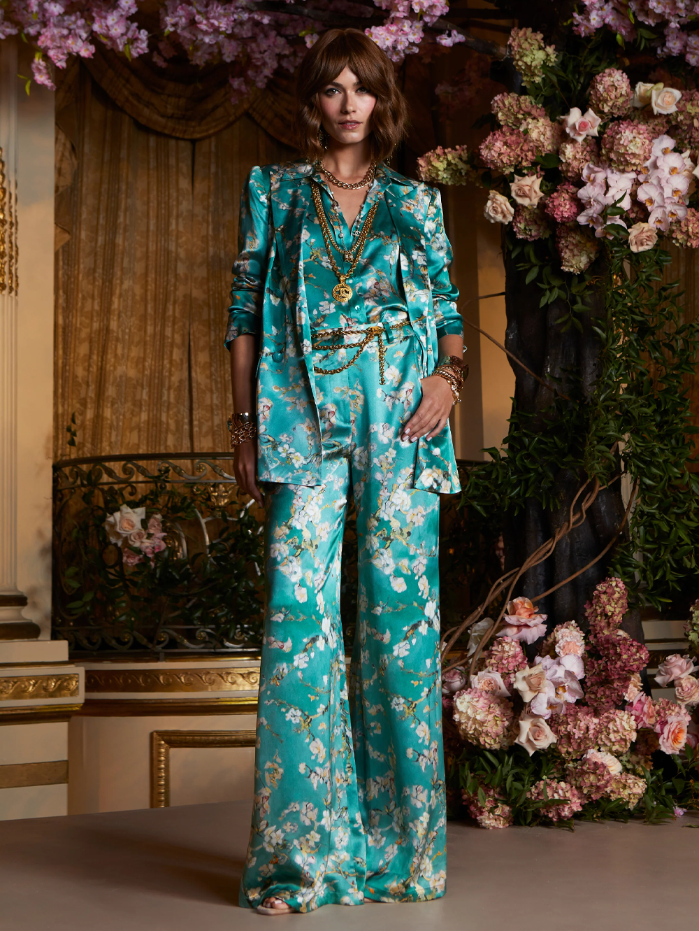 Pilar Silk Wide-Leg Pant in Teal Watercolor Cherry Blossom