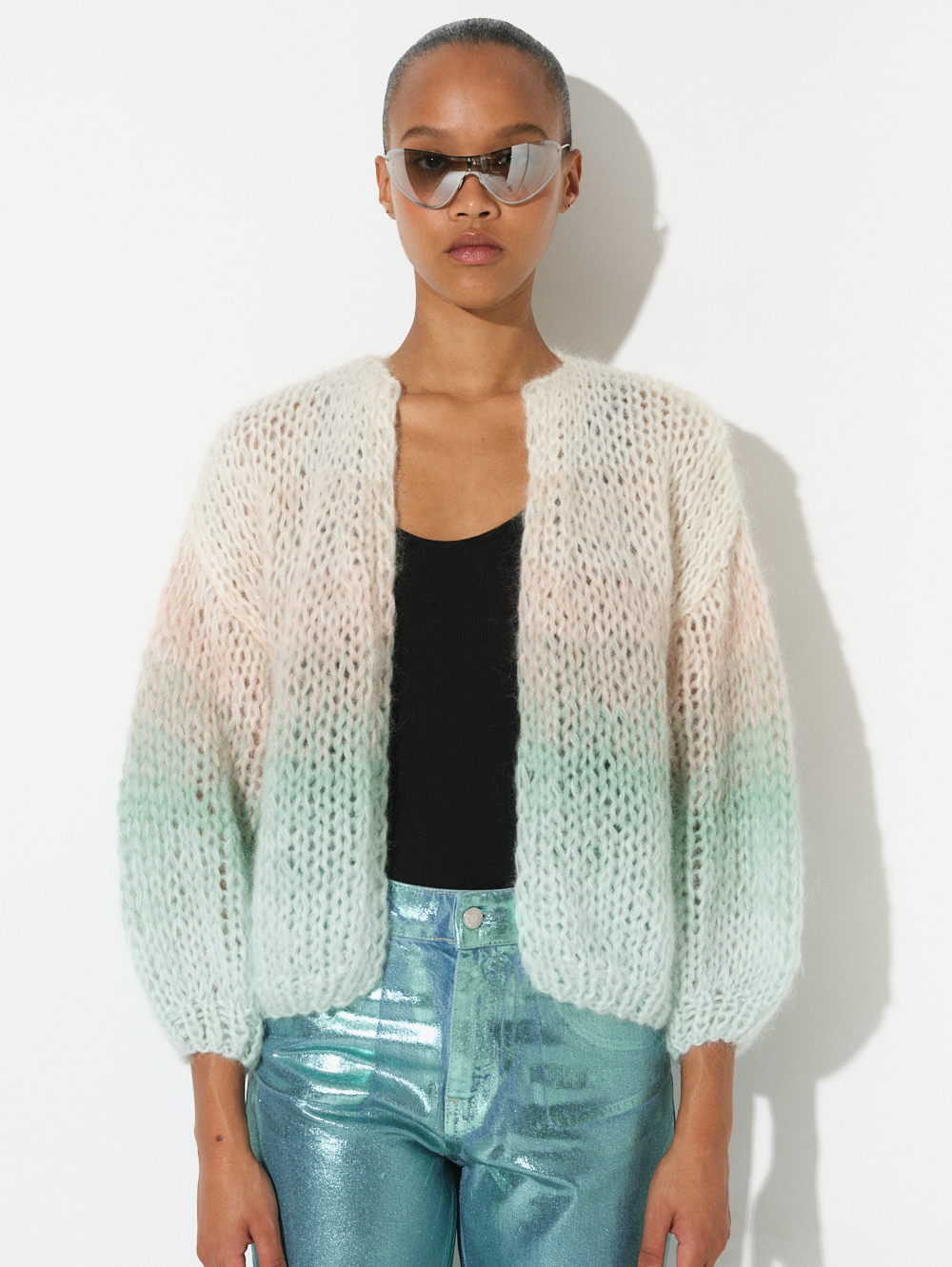 Creme Mint Ombre Mohair Bomber Cardigan