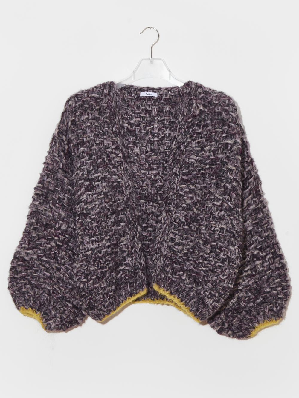 Fleecy Alpaca Pearl Pattern Bomber Cardigan in Aubergine Melange