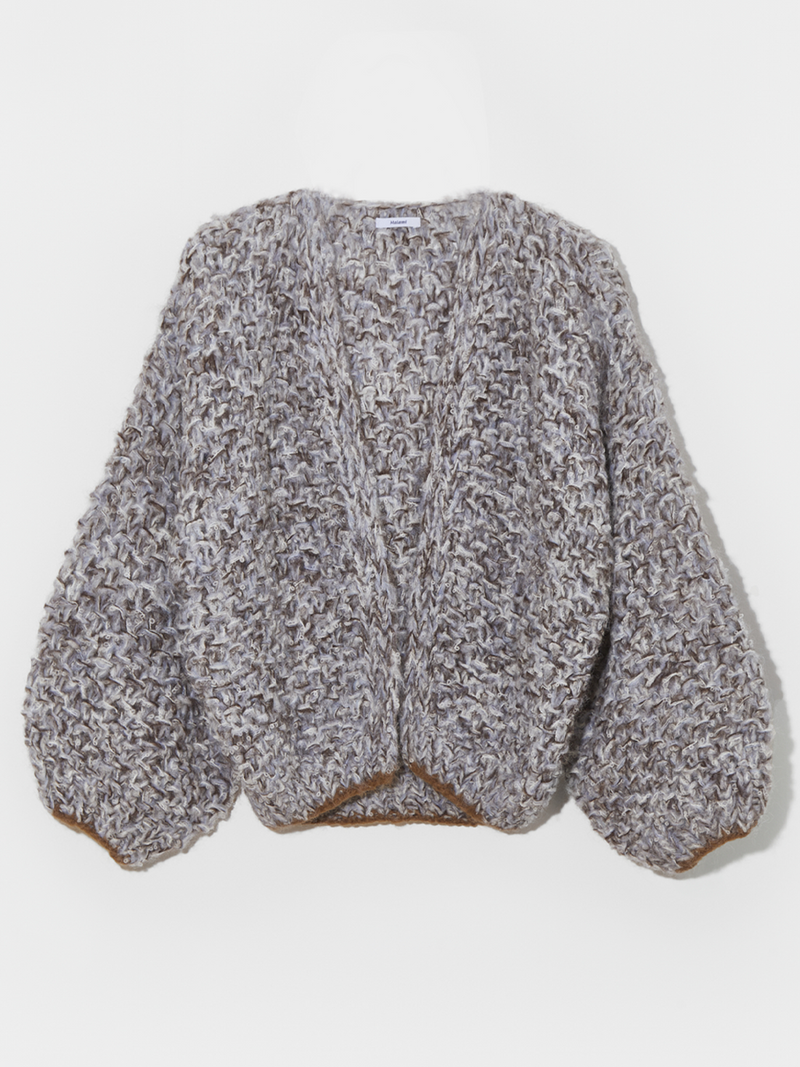 Fleecy Alpaca Pearl Pattern Bomber Cardigan in Blue Melange