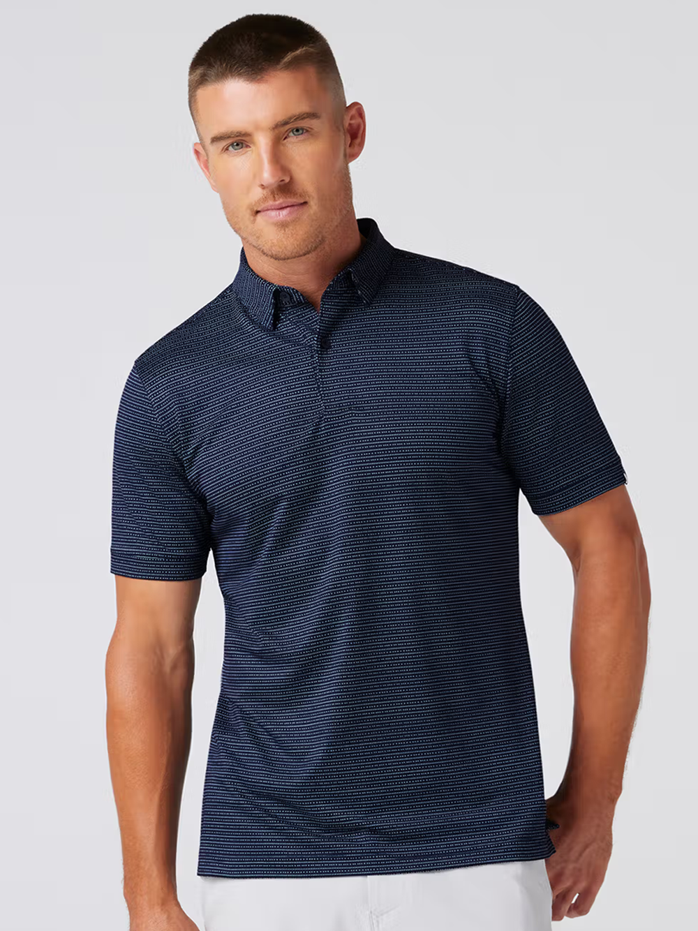 Halyard Short Sleeve Polo in Navy Dot Stripe