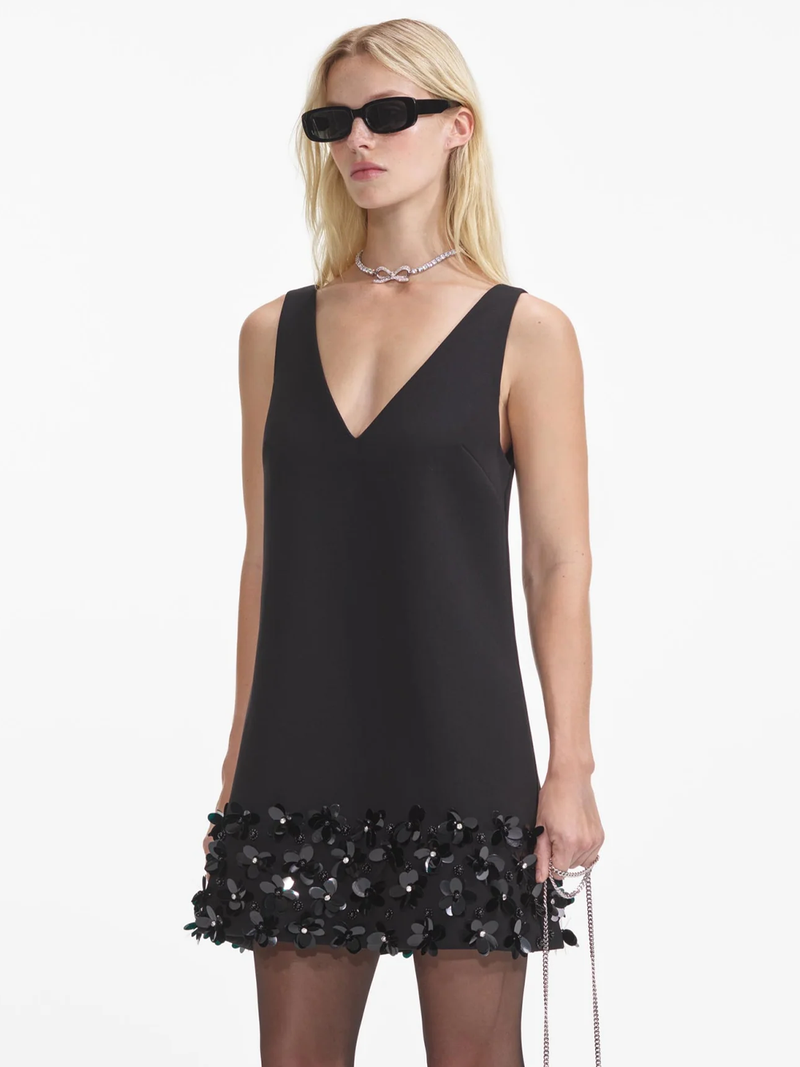 Black Crepe 3D Sequin Mini Dress