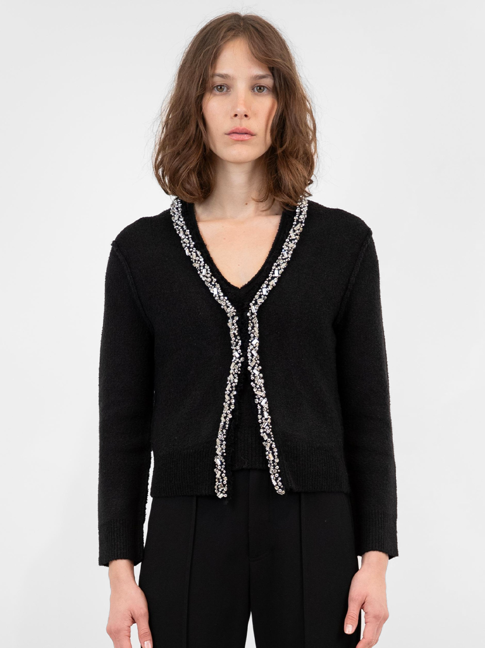 Lieghton Embellished Bouclé Cardigan in Black