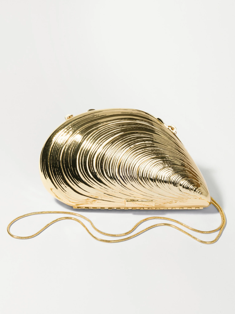 Bridget Metal Oyster Clutch in Gold