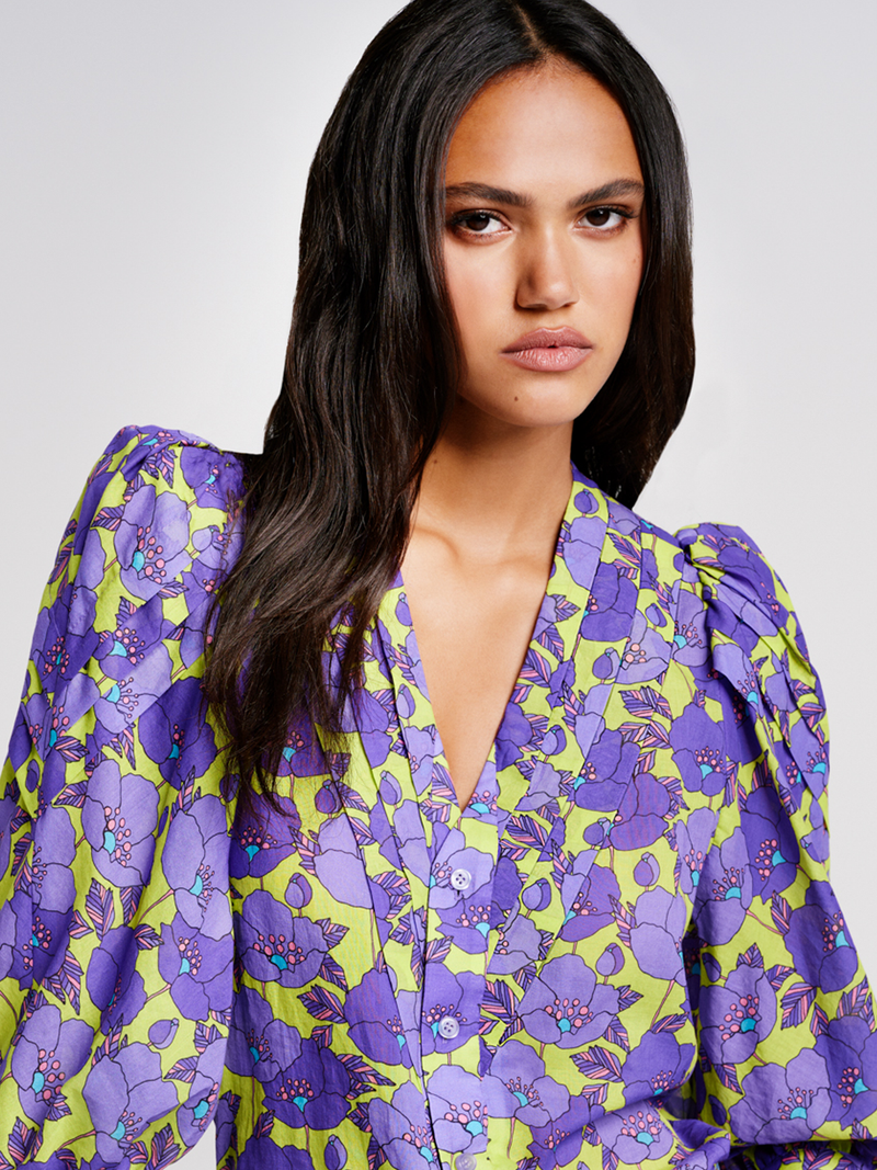 V-Neck Frontier Blouse in Chartreuse Floral