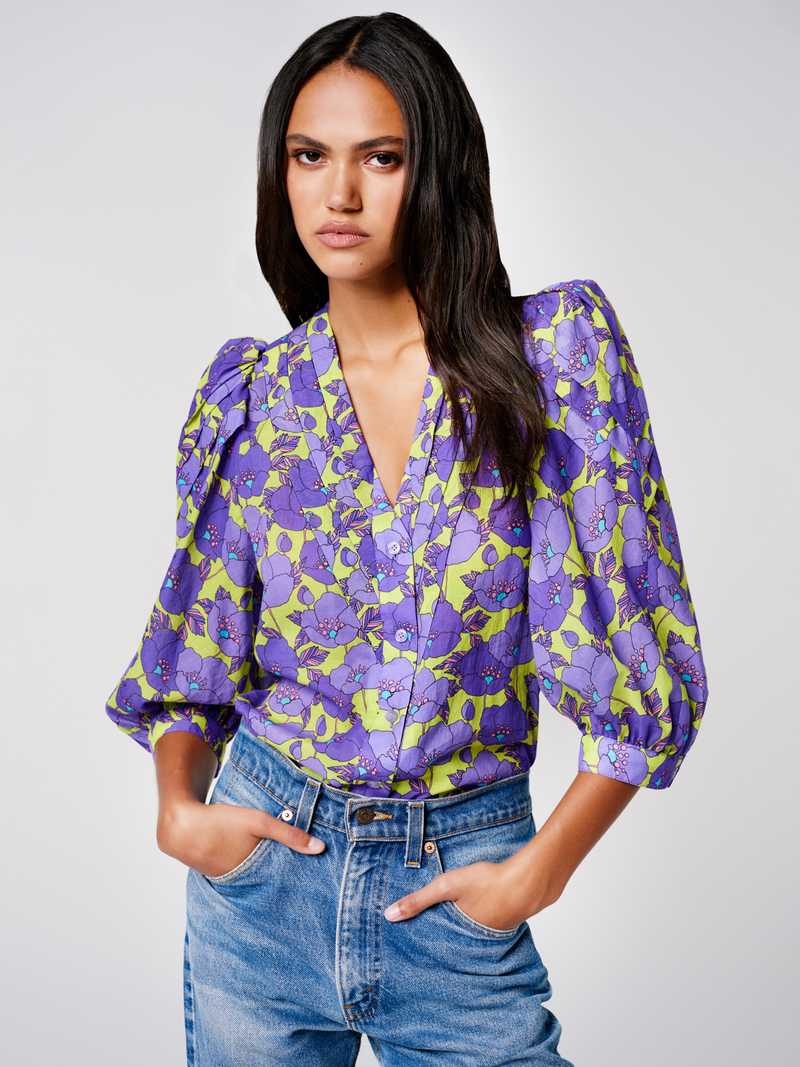 V-Neck Frontier Blouse in Chartreuse Floral