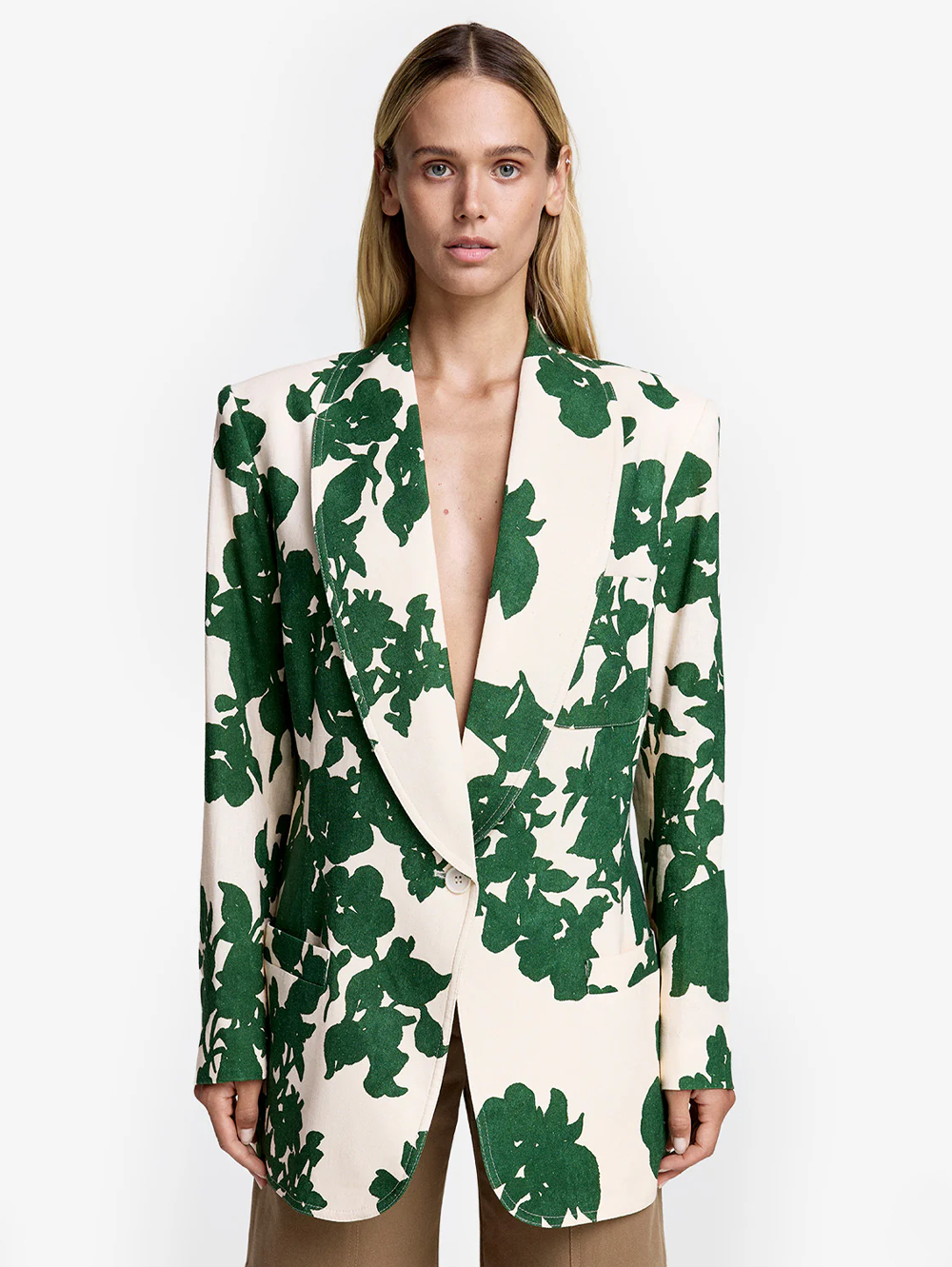 Green Floral Shawl Collar Oversized Blazer