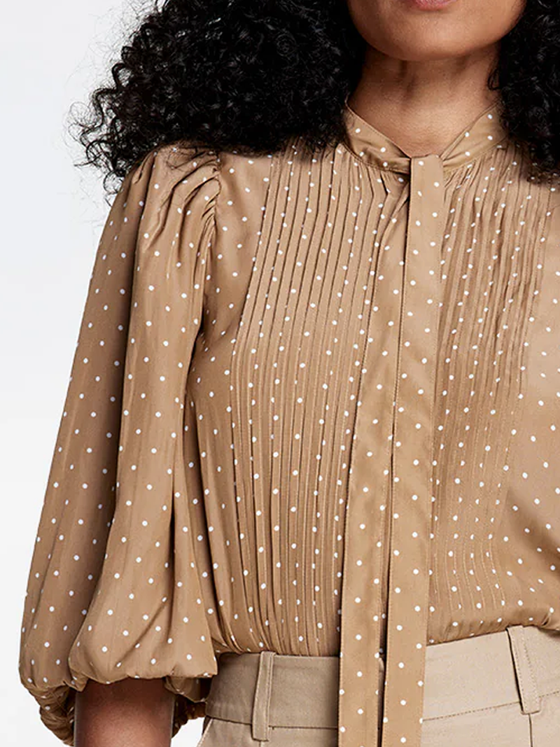 Nude Dot Pleated Tie Neck Blouse