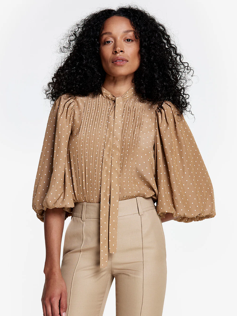 Nude Dot Pleated Tie Neck Blouse