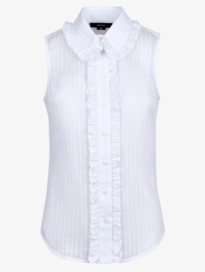 White Sleeveless Ruffle Trim Shirt