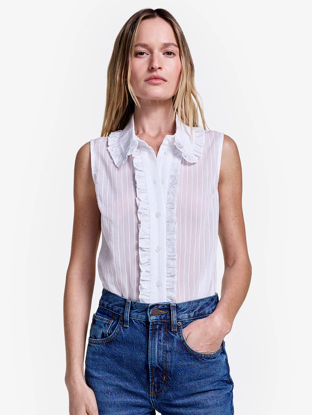 White Sleeveless Ruffle Trim Shirt