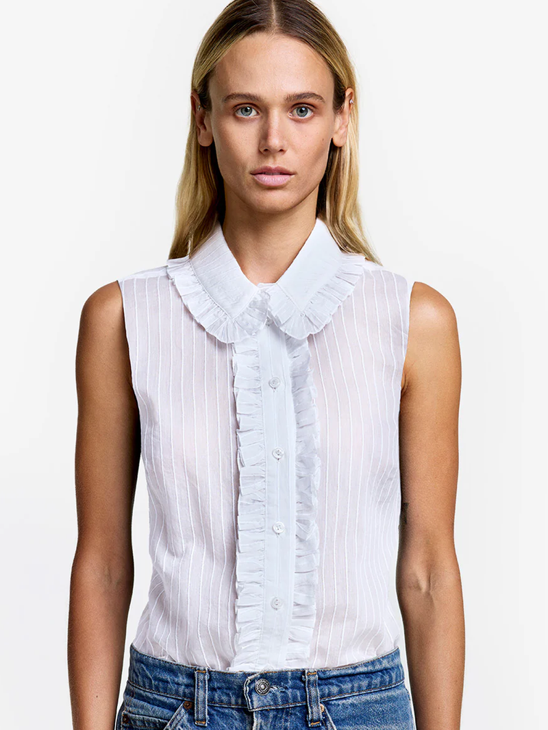 White Sleeveless Ruffle Trim Shirt