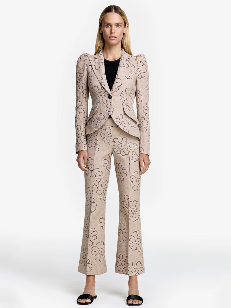 Putty Jacquard Pouf Sleeve One Button Blazer