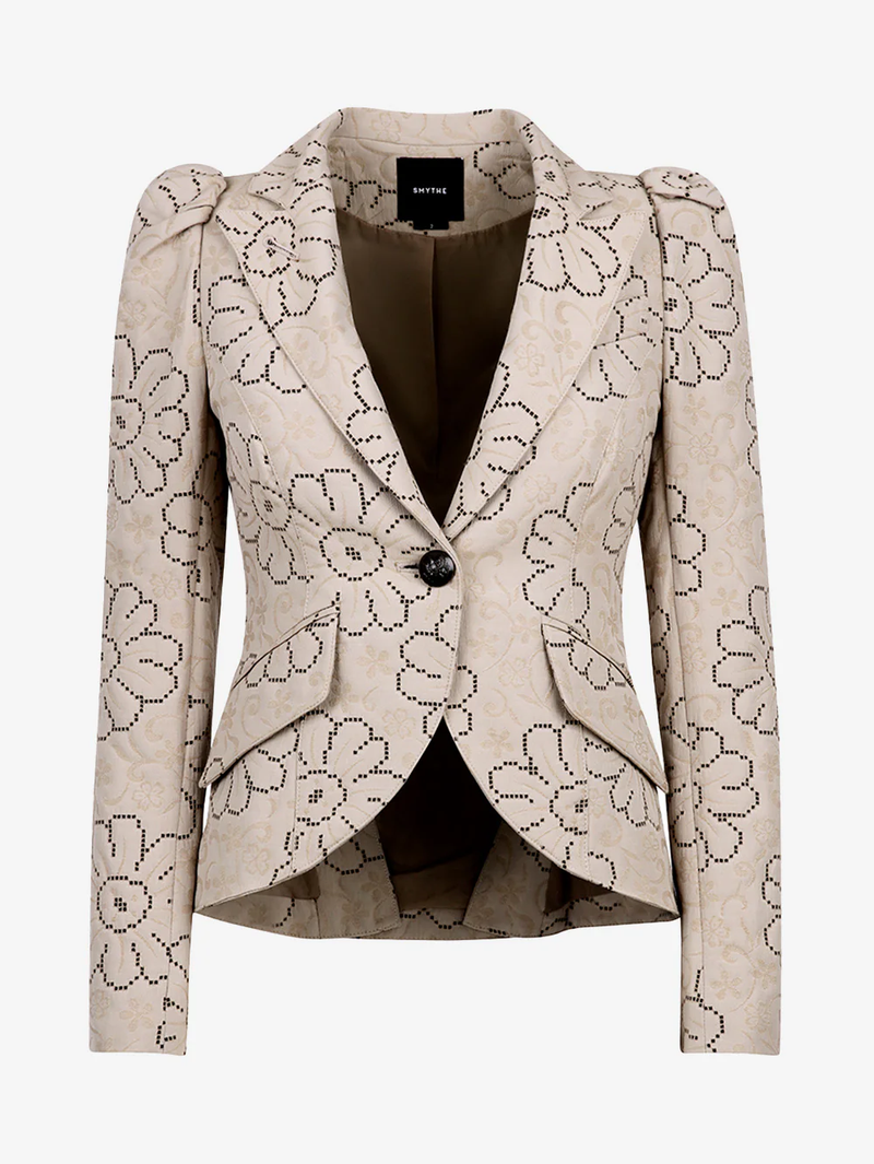 Putty Jacquard Pouf Sleeve One Button Blazer