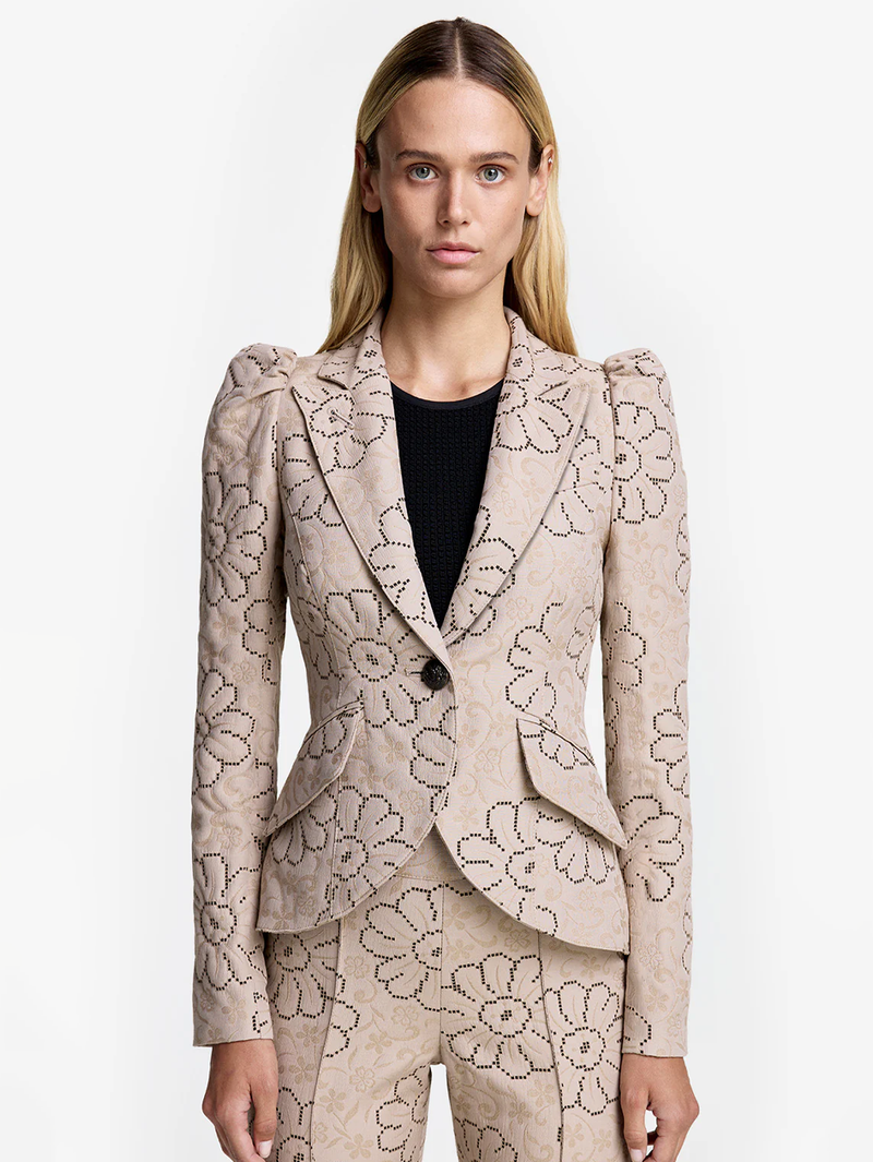 Putty Jacquard Pouf Sleeve One Button Blazer