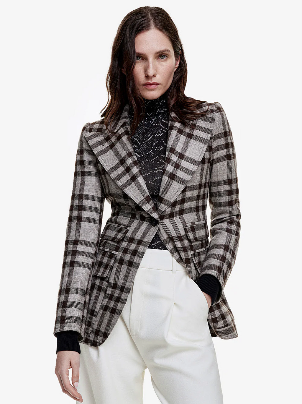 Rib Cuff Birkin Blazer in Greige Plaid