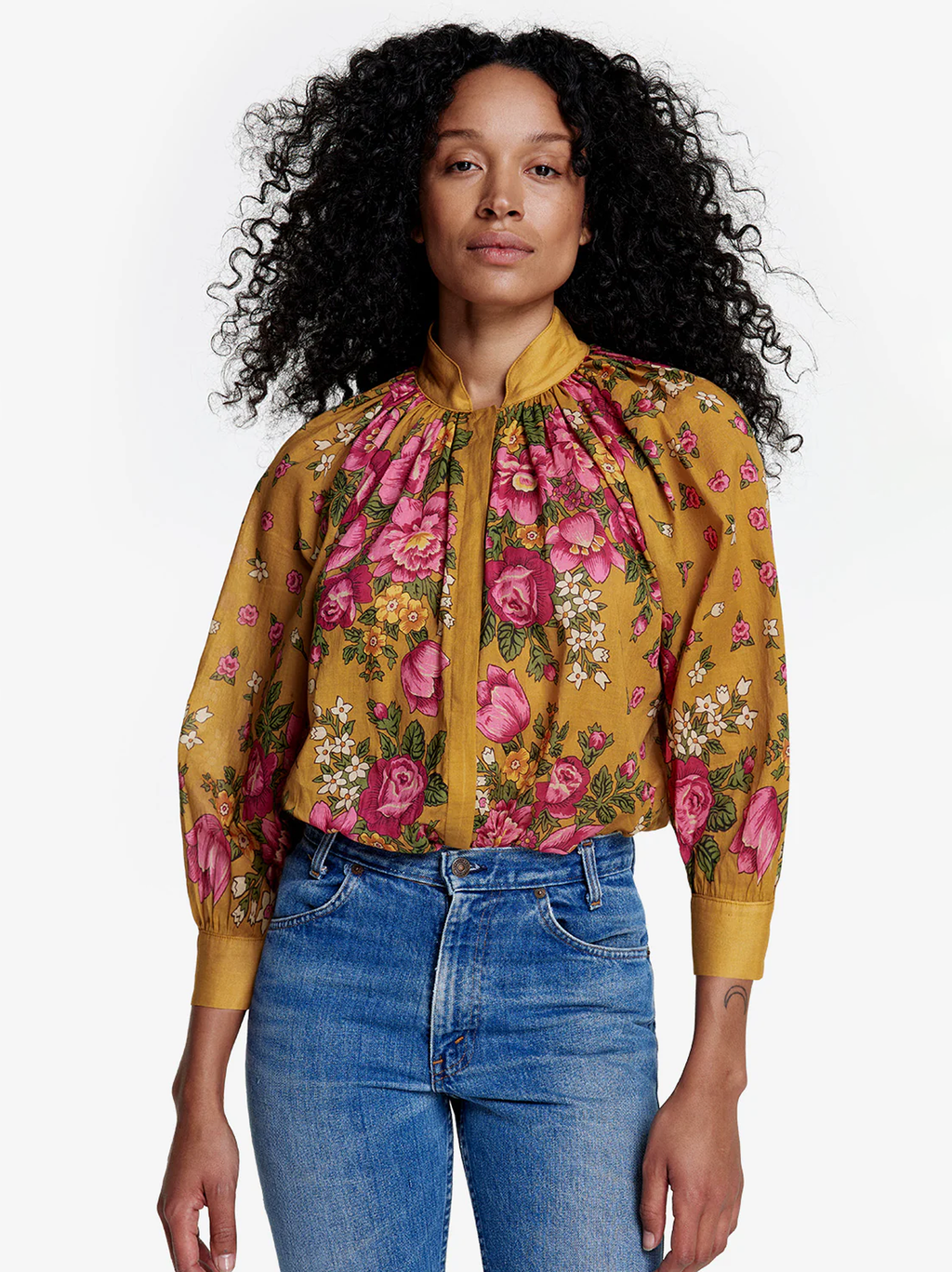 Gathered Blouse in Ochre Floral