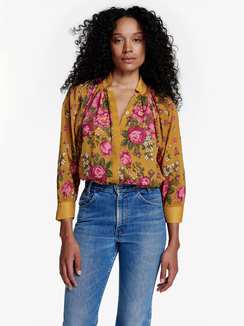 Gathered Blouse in Ochre Floral