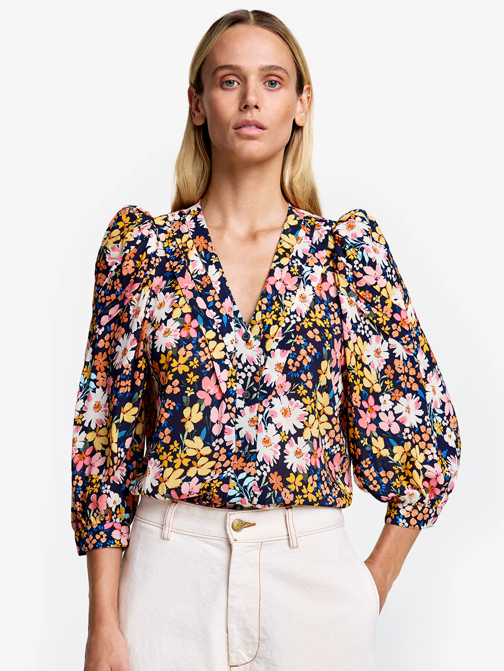 Navy Floral V-Neck Frontier Blouse