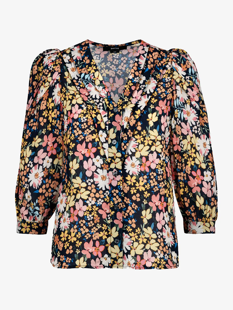 Navy Floral V-Neck Frontier Blouse