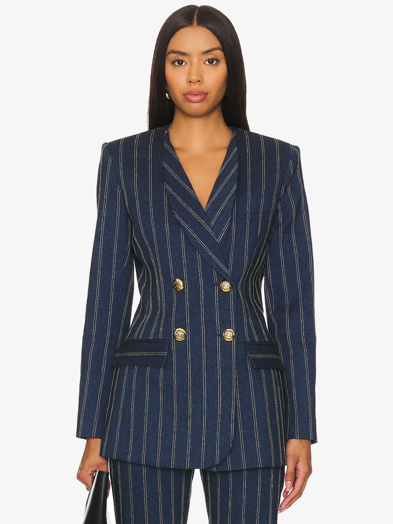 Collarless DB Blazer in Indigo Stripe